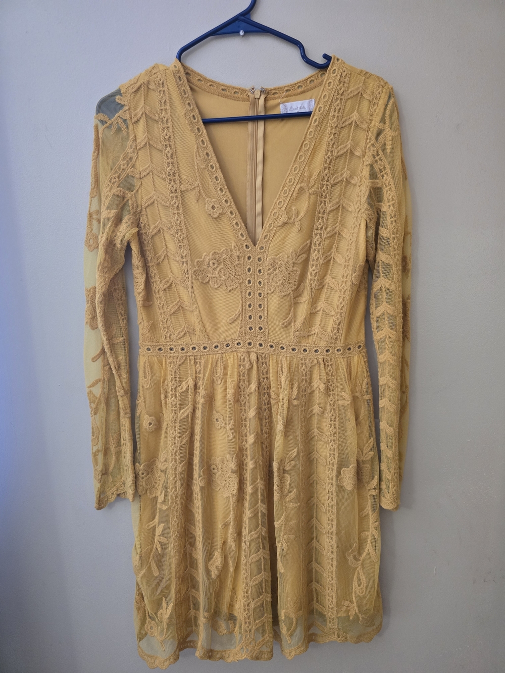 Alrard State Boho Lace V-Neck Long Sleeve Dress in Mustard